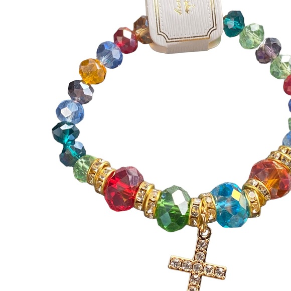 Multicolored Beaded Stretch Bracelet with Rhinestone Cross Charm - Picture 2 of 5